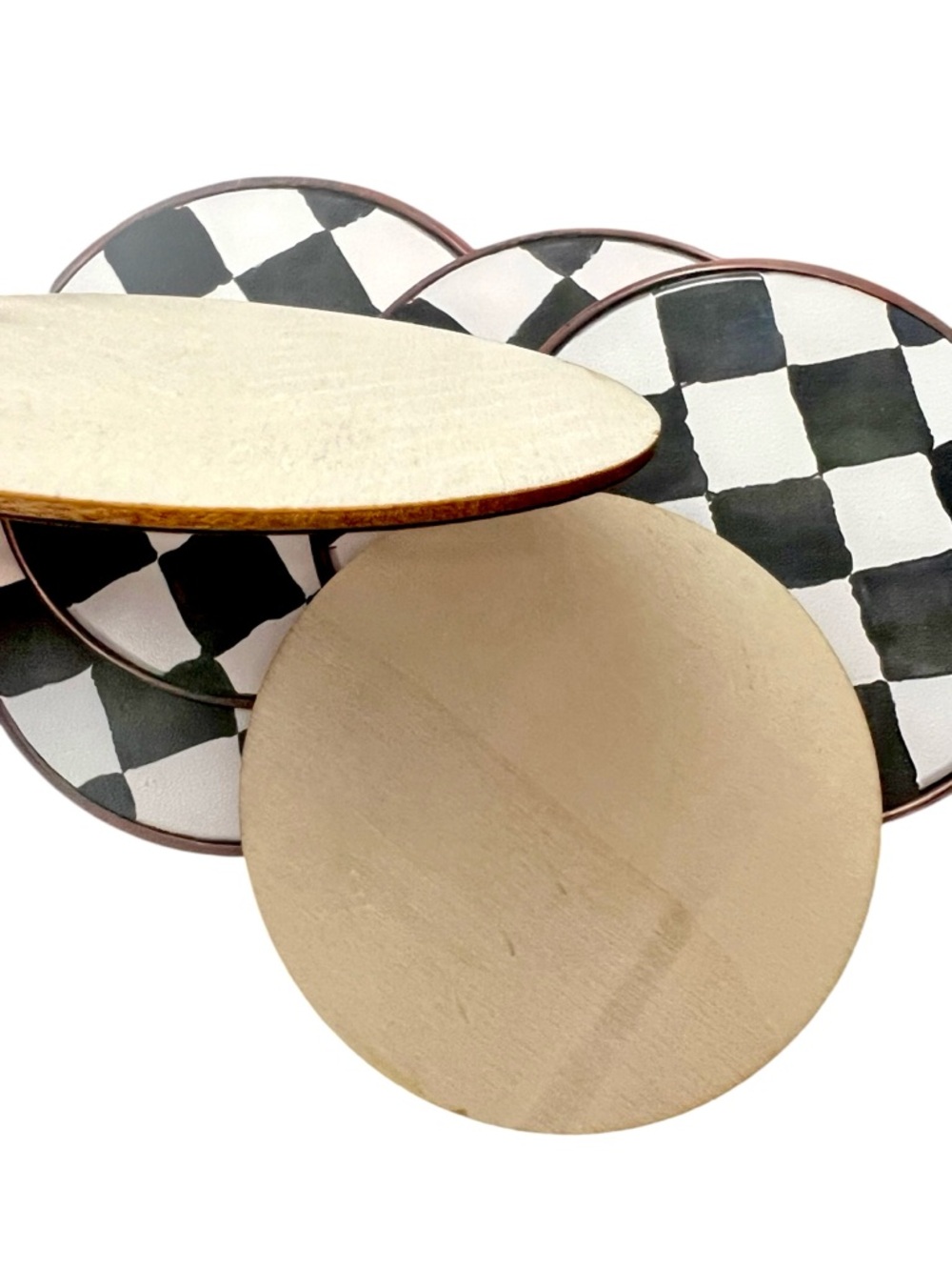 Set of 6 Checkered Ceramic Coaster Set - Black and White, Contemporary, Wood - Picture 7 of 7